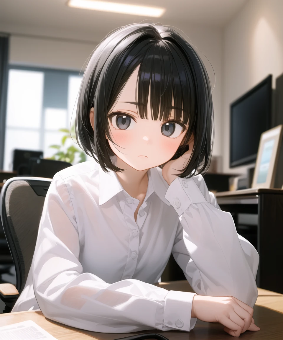 masterpiece, best quality, 1girl, short hair, black hair, bangs, black eyes, bored, looking at viewer, white shirt, collared shirt, long sleeves, upper body, sitting, desk, indoors