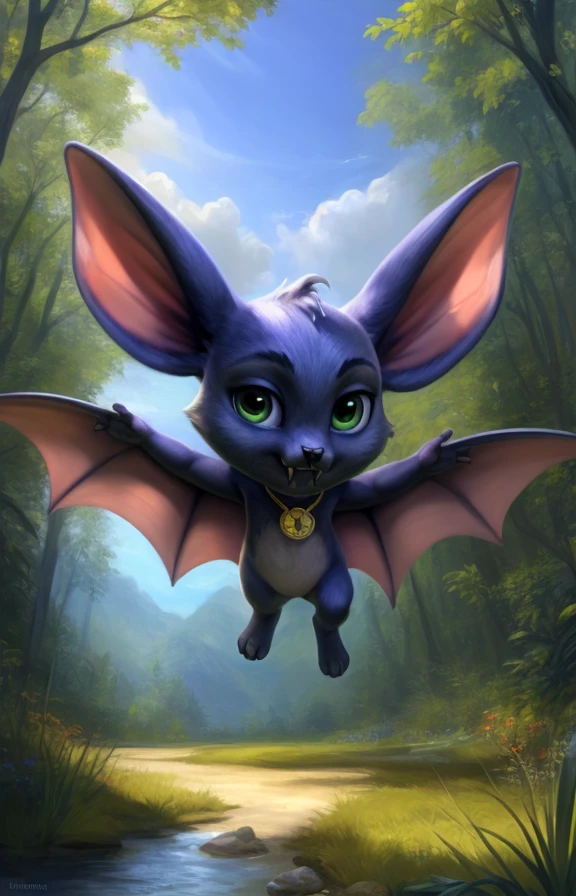 <lora:BattiwigsFillyFuntasiaBatY:0.8>  BattiwigsFillyFuntasiaBatY, Medallion on the neck, green eyes, fangs, bat, chibi
solo,   looking at viewer, (beautiful, aesthetic, perfect, delicate, intricate, masterpiece,)
uploaded on e621, textured fur, furry,  [The sun is shining, nature, forest, river, trees, grass, road, sky with clouds,]
by Floris van Dyck, by Anna Razumovskaya, by Pino Daeni, by Ulitochka