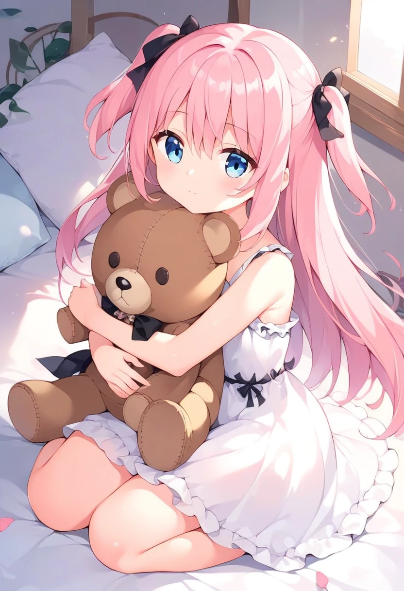 Twin tails,medium hair,On the bed,((lie on one’s back)),(smile),18-year-old,(overhead shot),pillow,Lots of stuffed animals,{{eye closed}},