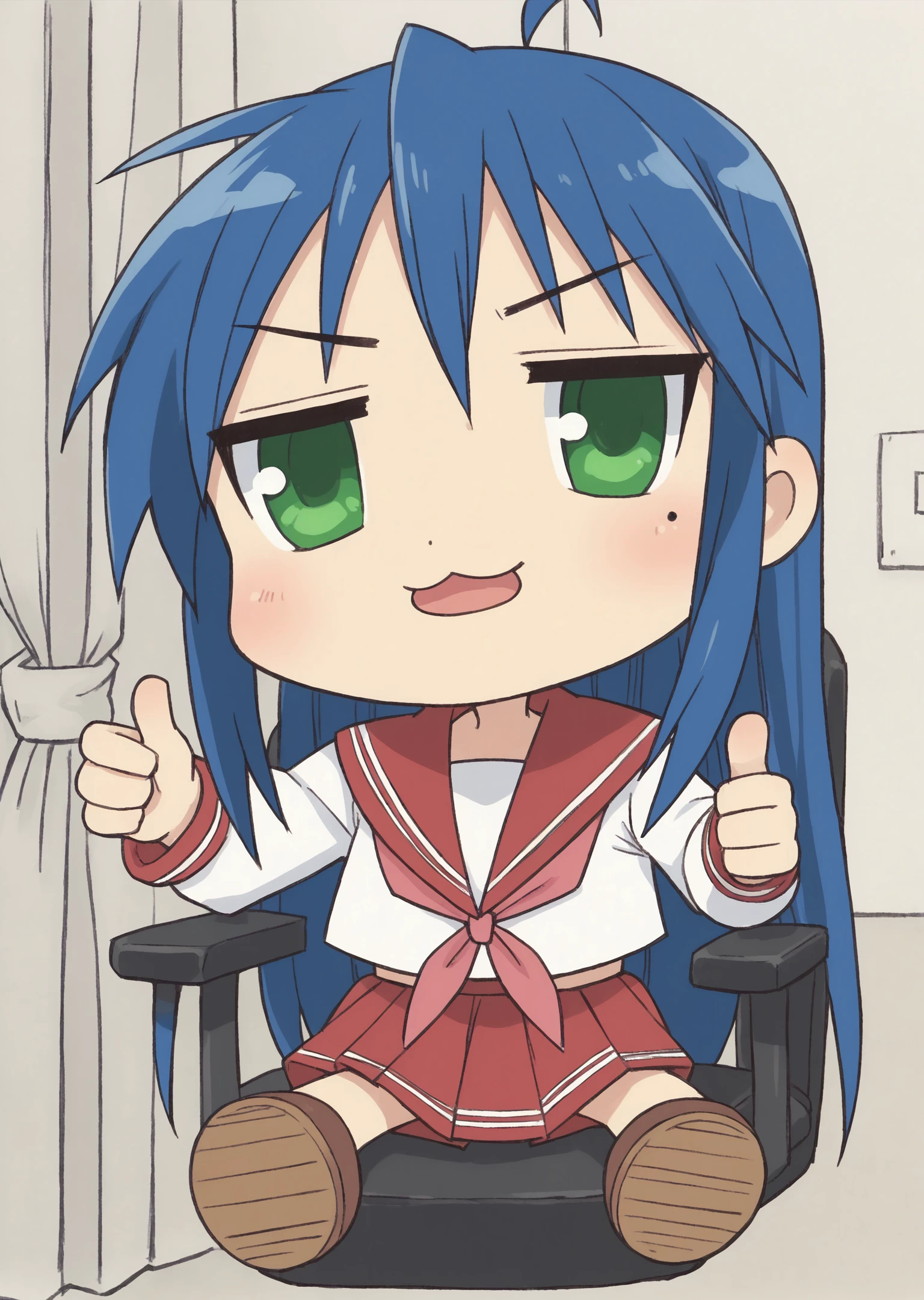 score_9, score_8_up, score_7_up, score_6_up, score_5_up, score_4_up, 2d, solo, chibi, detailed background, <lora:Chulip:1> chulip, <lora:konata:0.7> Konata Izumi, 1girl, solo, long hair, blue hair, ahoge, green eyes, mole, serafuku, red skirt, red sailor collar, shoes, brown tighhighs, Konata Izumi giving a thumbs up to the viewer while sitting on her gamer chair, indoors, bedroom, gaming computer, rgb lights, gaming keyboard, gamer chair, closed curtains, character focus, close up, character focus, close up, traditional media, traditional art,