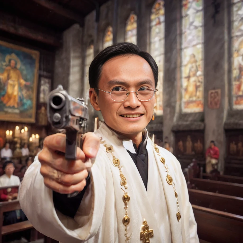 solo,glasses, <lora:XL_Weapon_pistol:0.8> pointing pistol,gun,Create a portrait-style image featuring a male Taoist priest in white robes standing in a church. The background should reveal church windows behind him, with rays of light streaming through the glass, illuminating his serene expression and the intricate details of his traditional attire. The painting should capture the contrast between his ancient, spiritual garb and the solemn, gothic architecture of the church, blending Eastern and Western spiritual elements in a harmonious composition, <lora:cowhead:0.8> ,smile