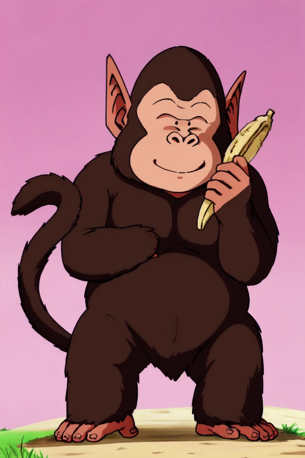 bubbles,1boy,solo, monkey, banana, eating, no humans, holding banana, holding,pink sky, grass, flower, standing, full body, pointy ears, monkey tail, closed mouth, black eyes, brown fur, smile, (best quality, low quality) <lora:bubbles&gregory_v1:1>