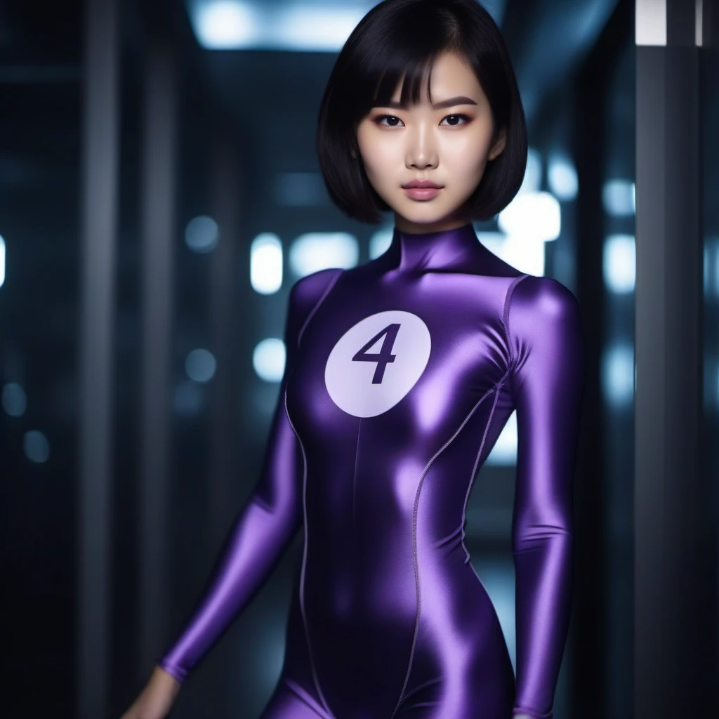 cinematic photo DupliKate1024, a full body asian woman wears a purple bodysuit, (((text ''4''))) of the chest <lora:DupliKate1024:0.9> . 35mm photograph, film, bokeh, professional, 4k, highly detailed