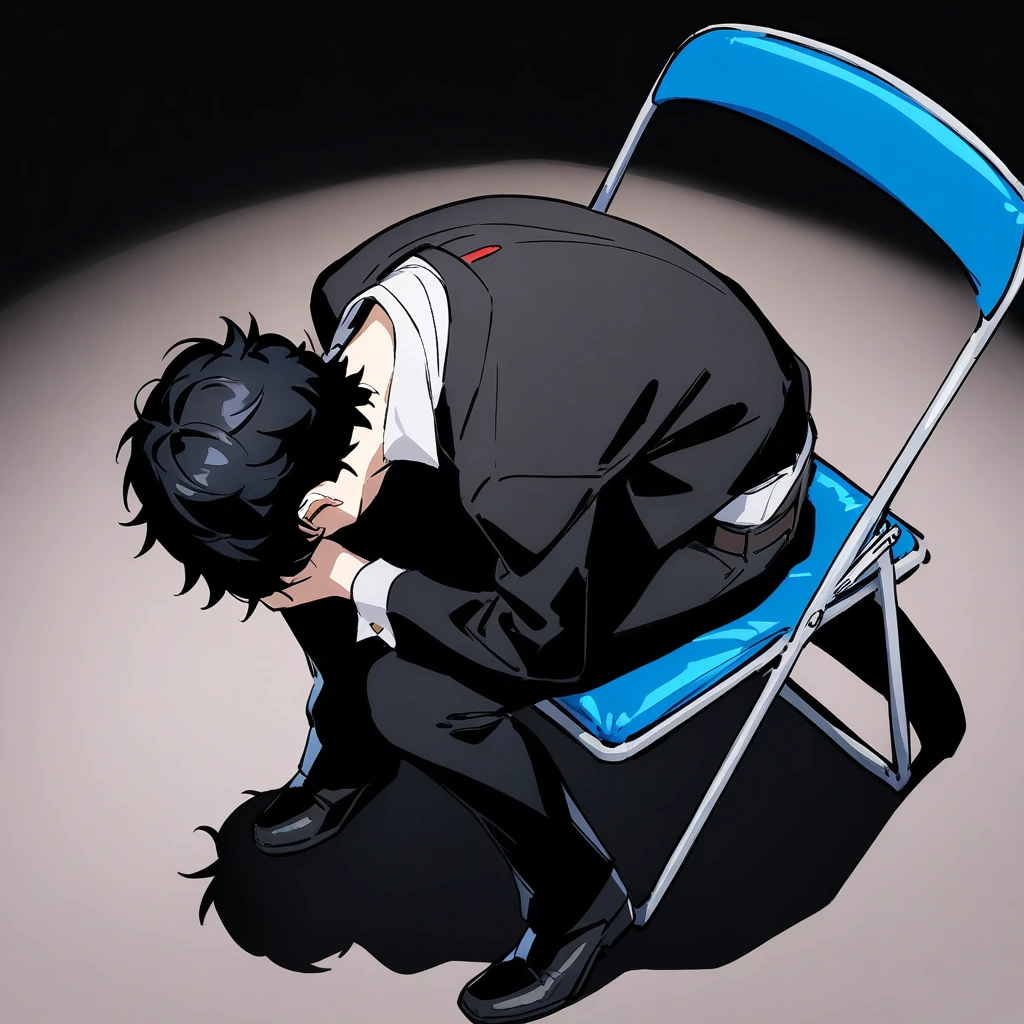 <lora:xl_shinji_in_a_chair(a3.1)-000006:1>,1girl,solo,sitting,folding chair,1boy, male focus, amamiya ren, persona, masterpiece,best quality,