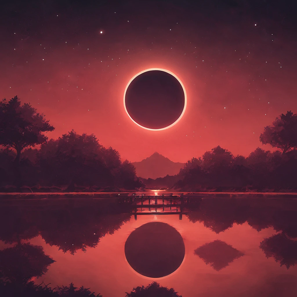 score_9, score_8_up, score_7_up,eclipse,1girl,sky,water,tree,night,moon,star (sky),scenery,starry sky,reflection,silhouette,bridge,red theme
,digital art,
<lora:EclipsePony:0.4> <lora:add-detail-xl:0.8>