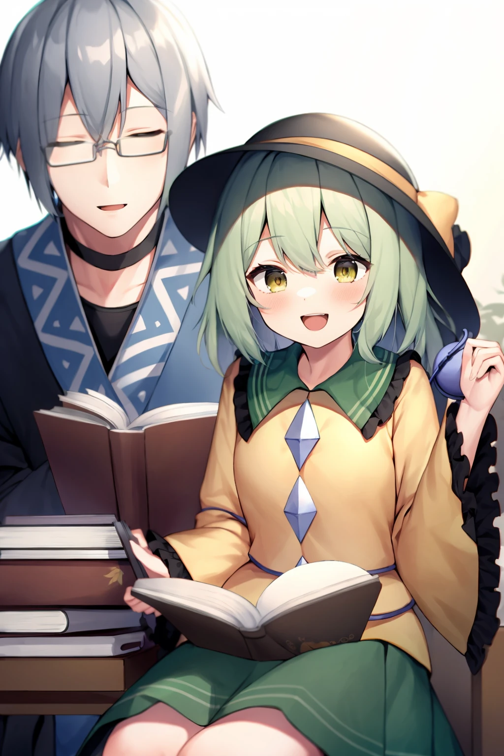 masterpiece, best quality,<lora:MorichikaRinnosuke:1>,
1girl, komeiji koishi, 1boy, morichika rinnosuke, hat, book, glasses, green hair, third eye, closed eyes, cup, yellow eyes, open mouth, frills, smile, black headwear, long sleeves, yellow shirt, choker, short hair, holding, wide sleeves, reading, green skirt, open book, grey hair, skirt, shirt, holding book, ribbon, sitting, hat ribbon