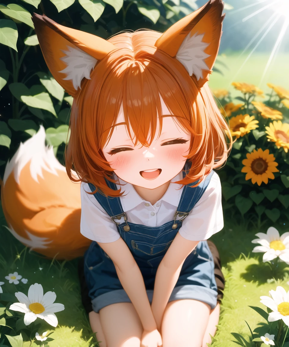 masterpiece, best quality, 1girl, orange hair, medium hair, fox ears, closed eyes, open mouth, smile, overalls, collared shirt, white shirt, from above, seiza, close-up, straight-on, face, hand between legs, grass, flowers, garden, looking at viewer, light particles, sunbeam, sunlight, perfect lighting, highly detailed, blush