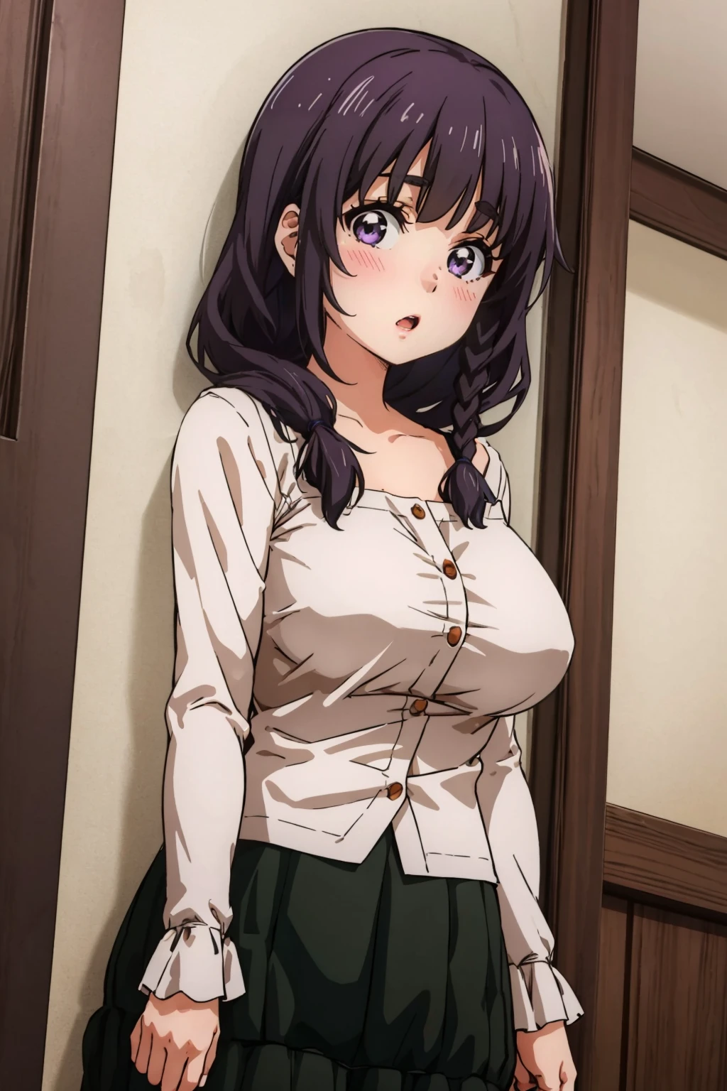 masterpiece, best quality, 1girl, <lora:matsukazemayu-nvwls-v1-000009:0.9> matsukaze mayu, purple eyes, blouse, long sleeves, green skirt, long skirt, looking at viewer, large breasts, :o, embarrassed, blush, doorway