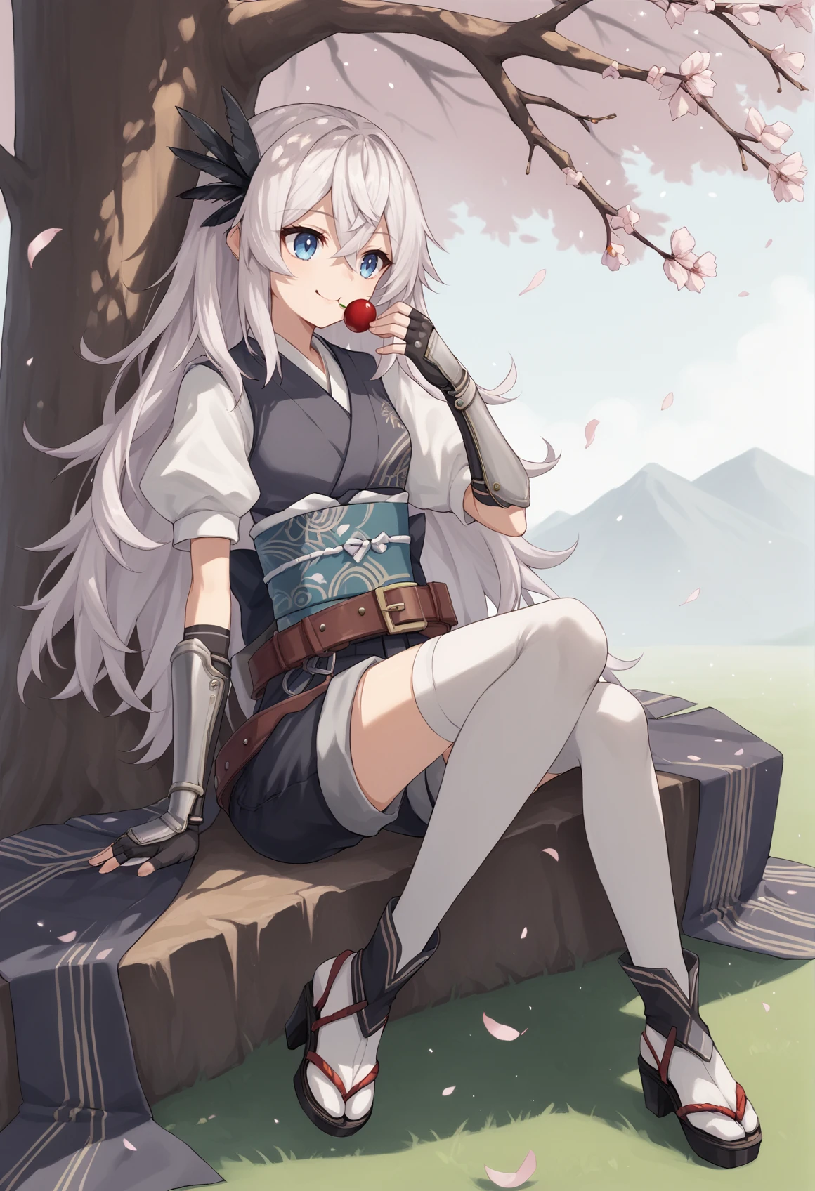 1girl, solo, white hair, long hair, messy hair, blue eyes, feather hair ornament, japanese clothes, white short sleeves, obi, belt, shorts, thighhighs, high heels, gauntlets, fingerless gloves, sitting, holding, onigiri, eating, cherry blossoms, tree, sunglight, smile <lora:Saika_Magoichi-xl:1>, score_9, score_8_up, score_7_up, score_6_up, score_5_up, score_4_up, BREAK source_anime, masterpiece
