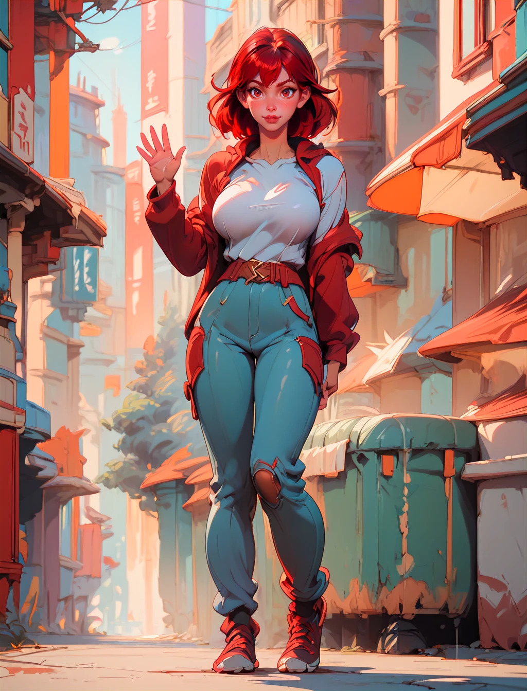 score_9, score_8_up, score_7_up, 1girl, red hair, full body, city backround, waving, large breasts <lora:KatounPony:1>
