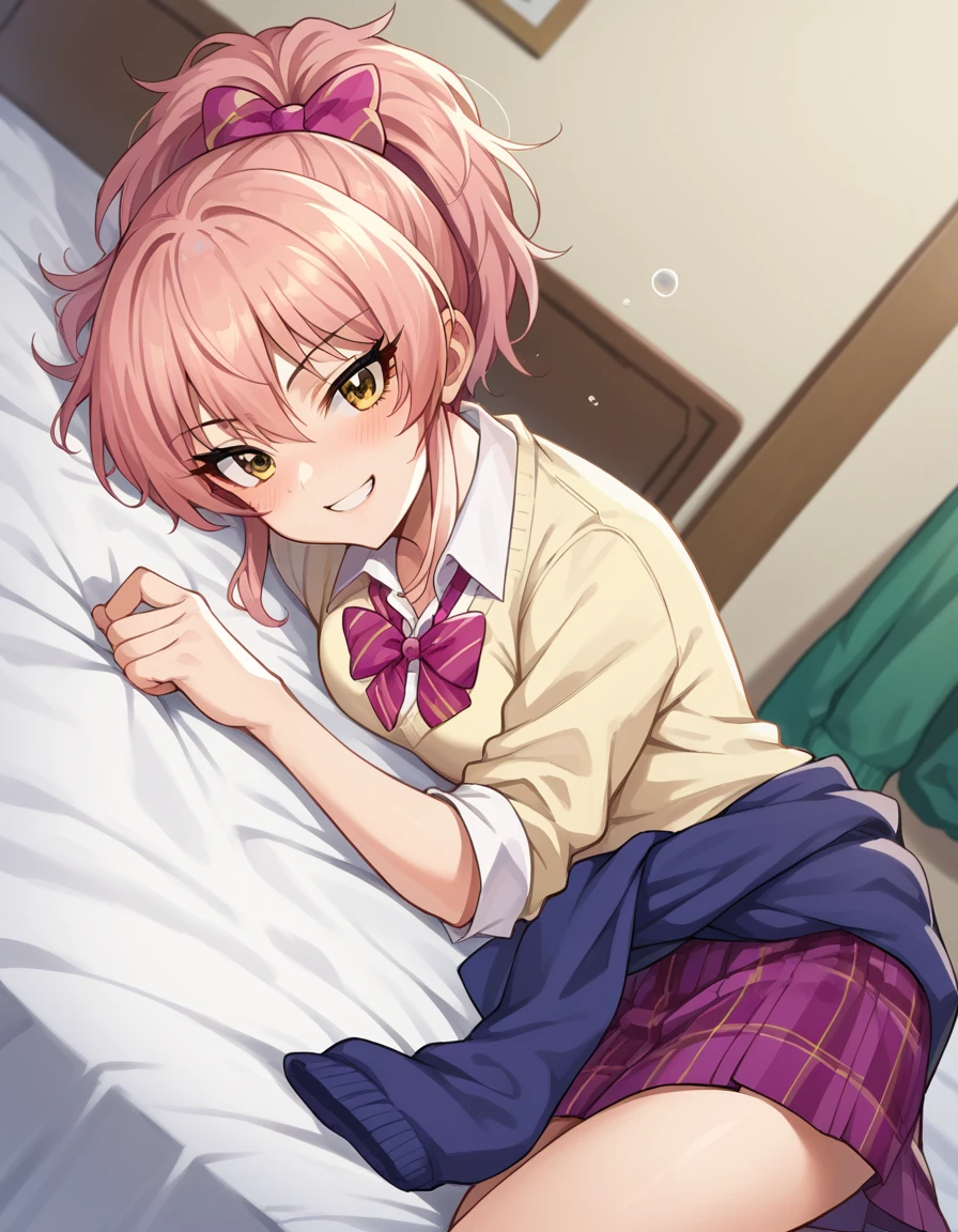 ,flat chest,,nsfw,masterpiece, best quality, highres, aamika, ponytail, hair bow, collarbone, , striped, bowtie, collared shirt, white shirt, sleeves rolled up, wrist scrunchie,, clothes around waist, plaid skirt, purple skirt, socks, my room, smile,panties