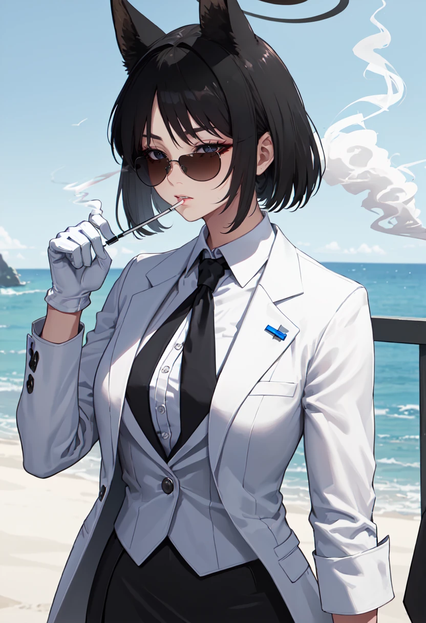 best quality, masterpiece, highres, solo, (kikyou_bluearchive:1.10), (black business suit:1.40), (tie:1.20), (sunglasses:1.25), (white gloves:1.15), (white shirt:1.10), (black skirt:1.15), (smoking:1.20), handsome, 26 <lora:kikyou_bluearchive:0.80>
