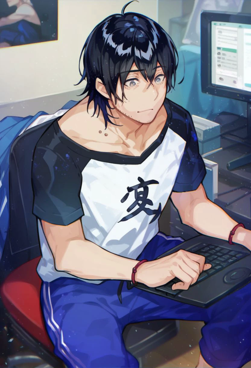 score_9, score_8_up, score_7_up, 1boy, solo, owari sekai, 1boy, black hair, gray eyes, white shirt, short sleeves, blue pants, sitting, computer, indoors