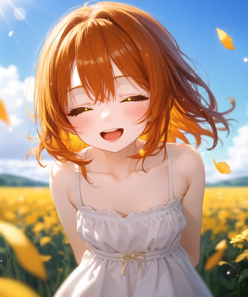 masterpiece, best quality, 1girl, orange hair, medium hair, yellow eyes, closed eyes, :d, open mouth, white dress, upper body, looking at viewer, from side, face focus, close-up, (leaning forward), arms behind back, sky, clouds, field, sunlight, light particles, perfect lighting, blurry background, glowing light, yellow petals, wind, highly detailed, bare arms