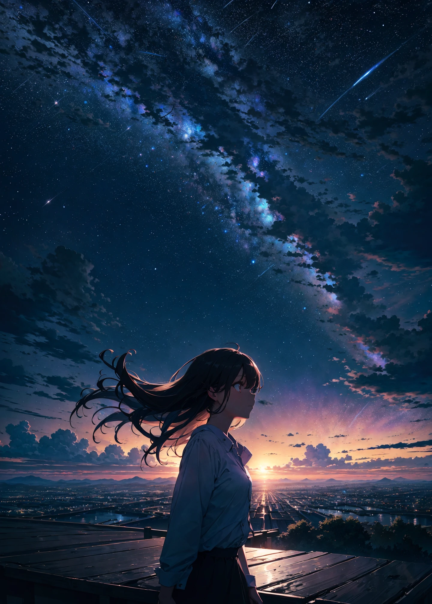 absurdres, highres, ultra detail, close view, 
1girl, shining sky, vast world, gazing, awe-inspiring expression, distant horizon, clouds, high hill, natural beauty, inspiration, night sky, Shining Stars,