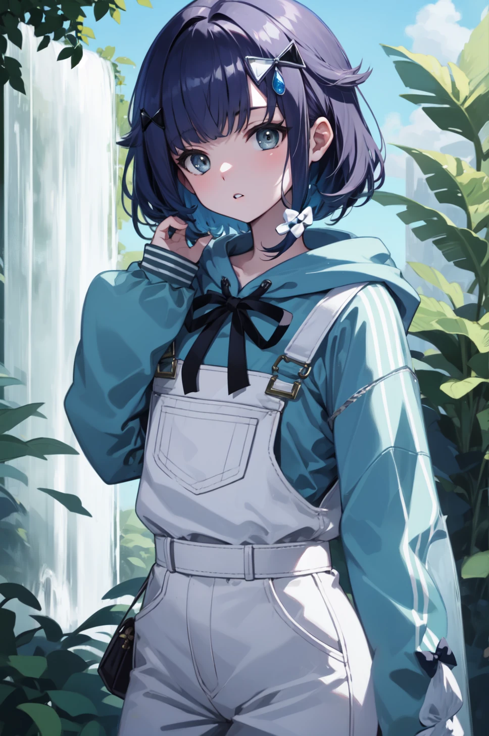 tsumugi kokage, short hair, hair ornament, hoodie, overalls, masterpiece, best quality, cowboy shot, looking at viewer, waterfall, plant, overgrown, flower, bow, parted lips, pose, 