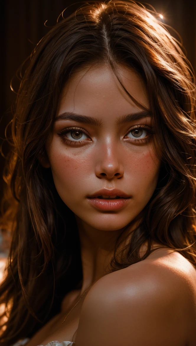 HyperSmoke, award winning portrait photo of an young norwegian woman, fair skin, bokeh, backlit, (brown color in detail:1.1), elegant atmosphere, realistic, intricate details, true skin tone, dark backround <lora:lowkey_v1.1:1>