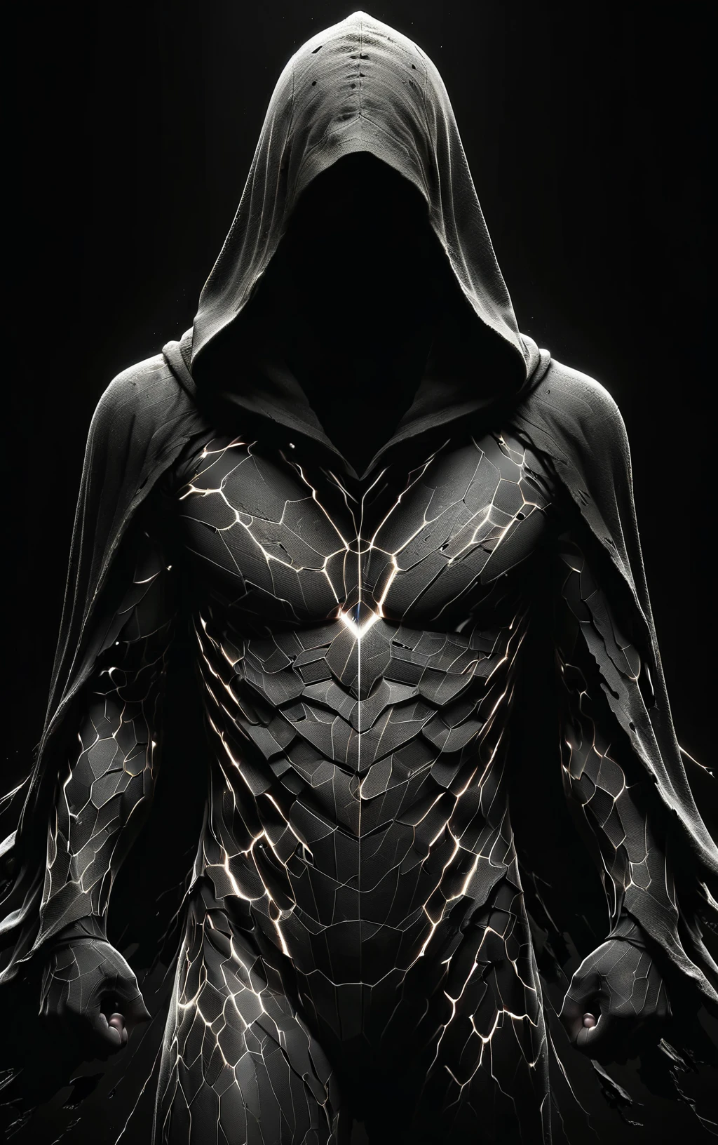 ShatteredCloth,solo,monochrome,greyscale,male focus,hood,cape,black background,facing viewer,cloak,clenched hands,hood up,arms at sides,hooded cloak,dark cloak,no face,face not seen,shattered effect on clothes,face hidden
<lora:add-detail-xl:0.8> <lora:ShatteredCloth:0.6>