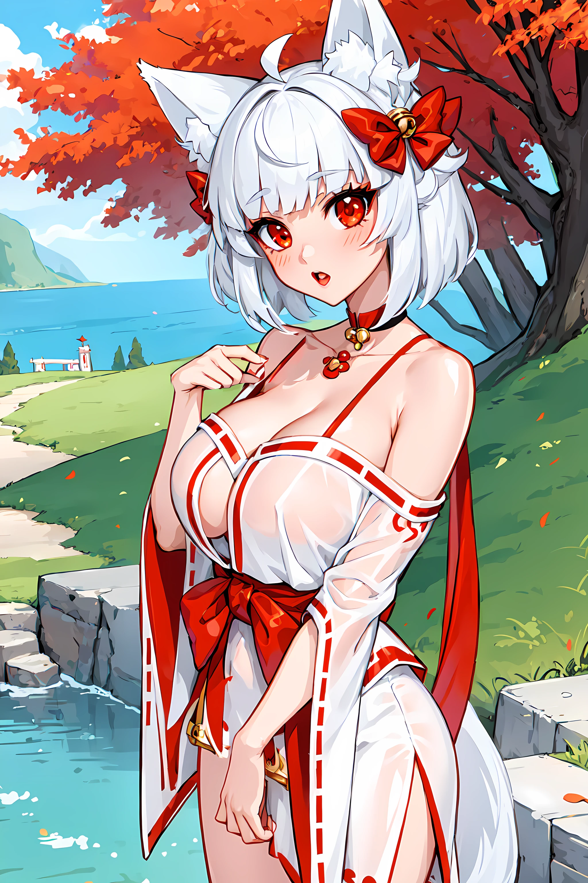 <lora:SuzuCCv1:0.7> suzu, masterpiece, best quality, 1girl, solo, white hair, short hair, red eyes, fox ears, fox tail, hair bell, landscape