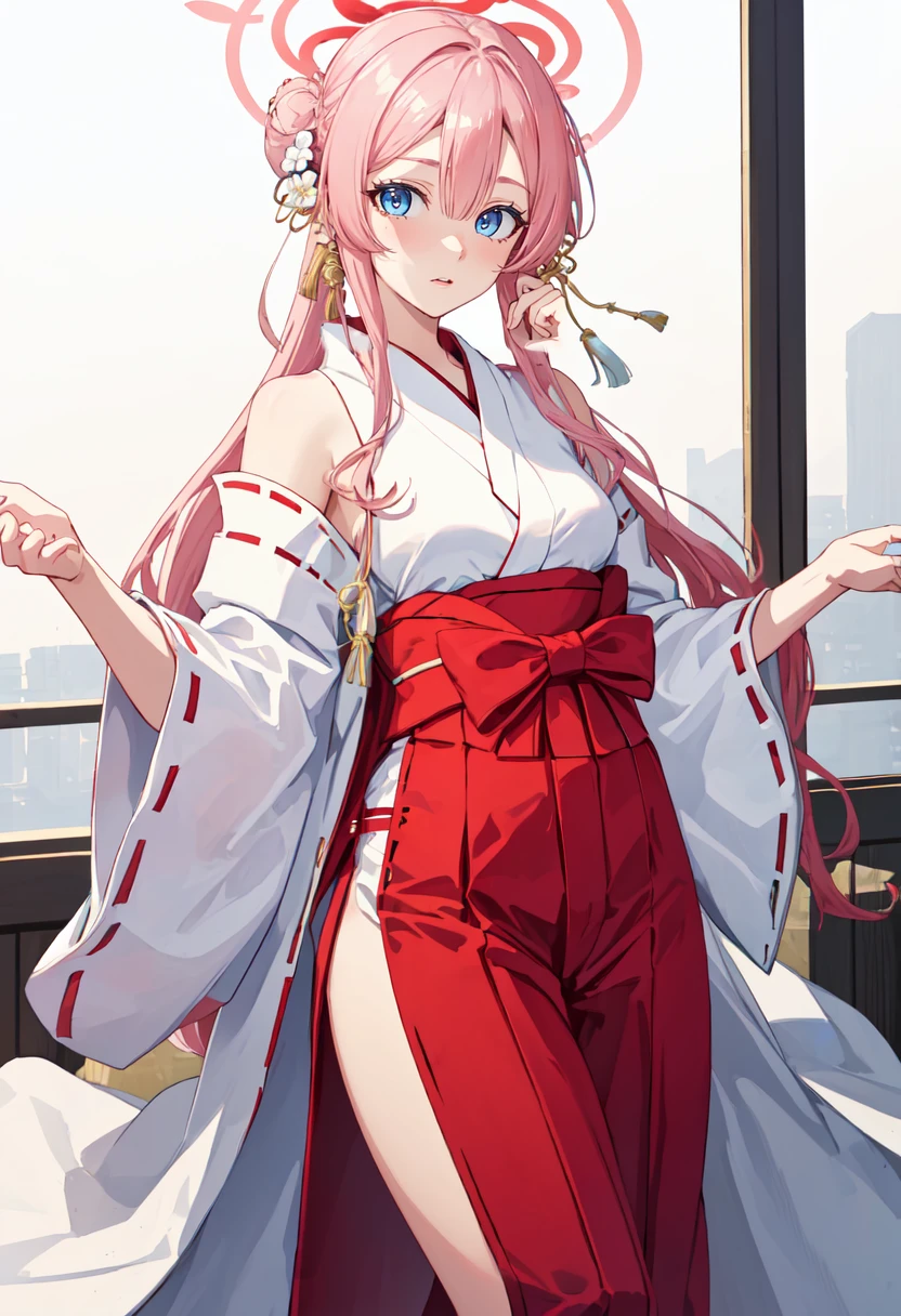 best quality, masterpiece, highres, solo, (mimori_bluearchive:1.10), (white kimono:1.35), (red hakama:1.35), (wide sleeves:1.20), 20 <lora:mimori_bluearchive:0.80>