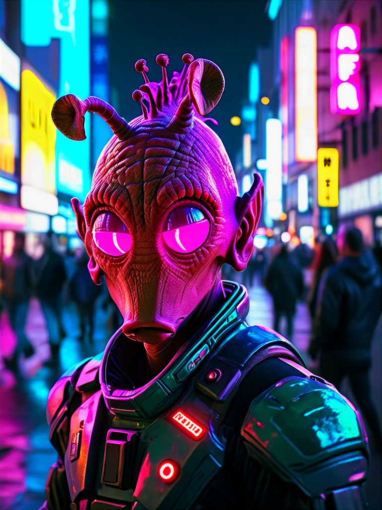 rodian alien,in a sci fi city,neons,street,looking up,cinematic shot, masterpiece, best quality, soft light, bokeh, real shadow, cinematic, subsurface scuttering<lora:RodianXL:0.8>