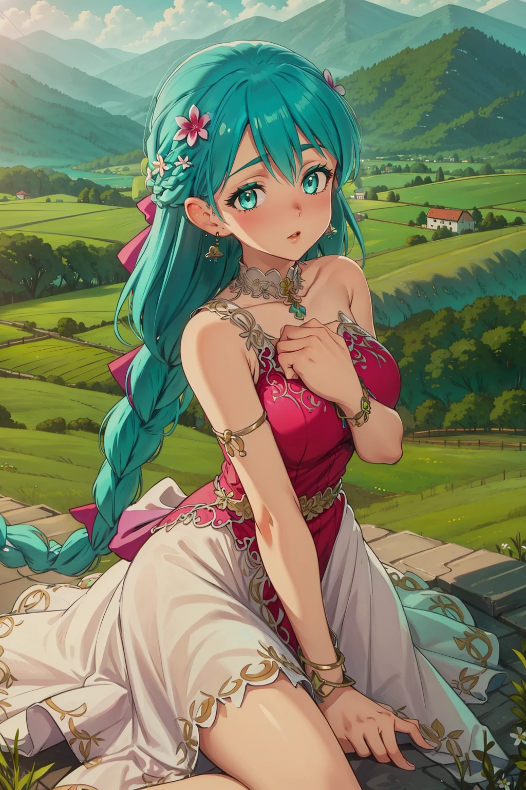 at a countryside, rolling hills, sprawling farmland, picturesque, solo, neraflora, long hair, breasts, aqua eyes, hair ornament, flower, dress, bow, jewelry, aqua hair, braid, earrings, sleeveless, bracelet, sleeveless dress, bare shoulders, <lora:NeraFlora_Dragon_Quest:1>, looking at viewer