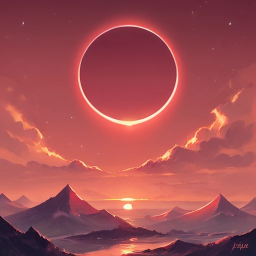 score_9, score_8_up, score_7_up,eclipse,outdoors,sky,cloud,no humans,ocean,star (sky),scenery,starry sky,sunset,mountain,sun,horizon,red theme,mountainous horizon,red sky
<lora:EclipsePony:0.4>