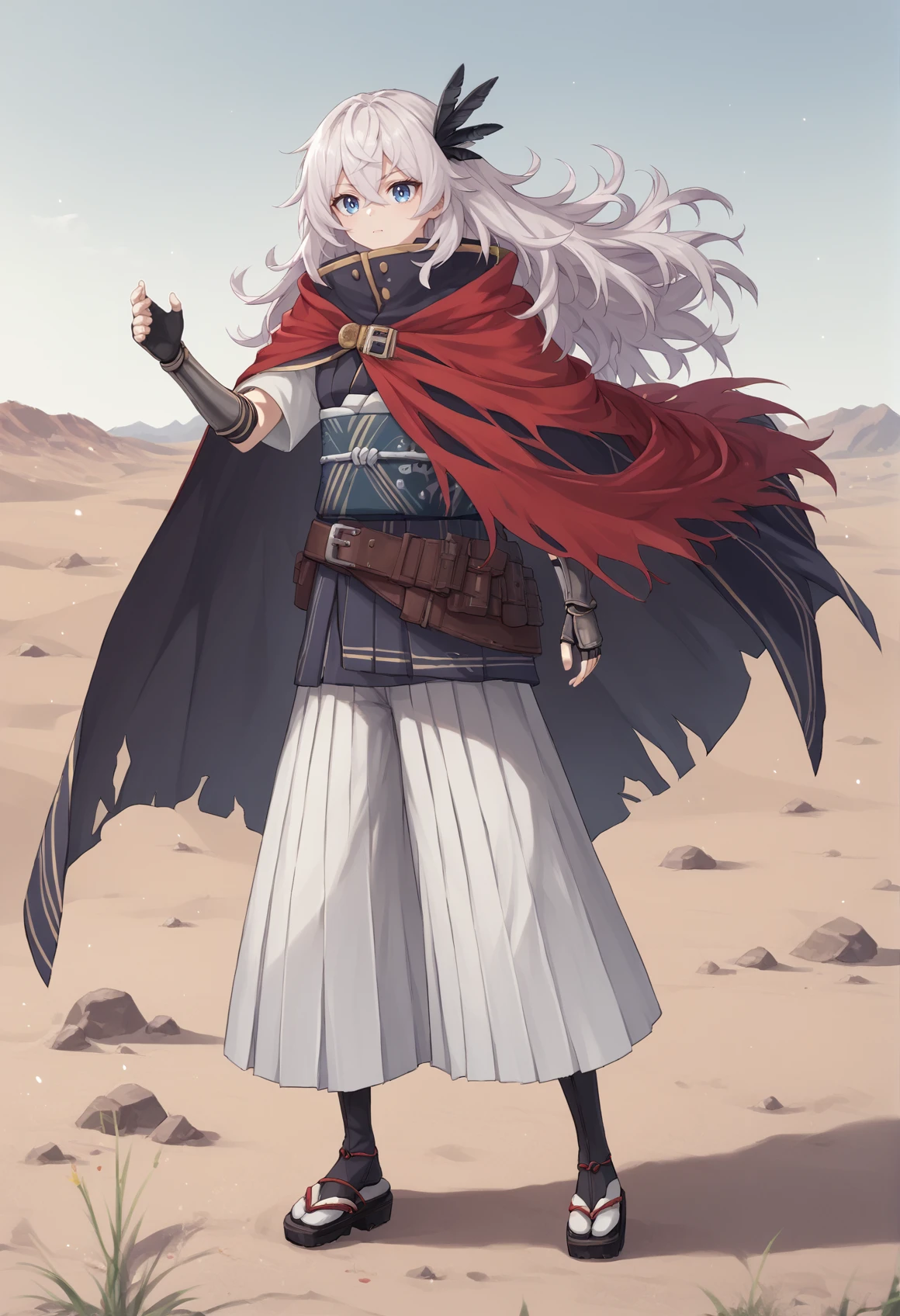 1girl, solo, white hair, long hair, messy hair, blue eyes, feather hair ornament, japanese clothes, white short sleeves, obi, belt, hakama, gauntlets, fingerless gloves, red cape, cloak, goggles, full body, outdoors, jeep, desert, outdoors, cowboy shot <lora:Saika_Magoichi-xl:1>, score_9, score_8_up, score_7_up, score_6_up, score_5_up, score_4_up, BREAK source_anime, masterpiece