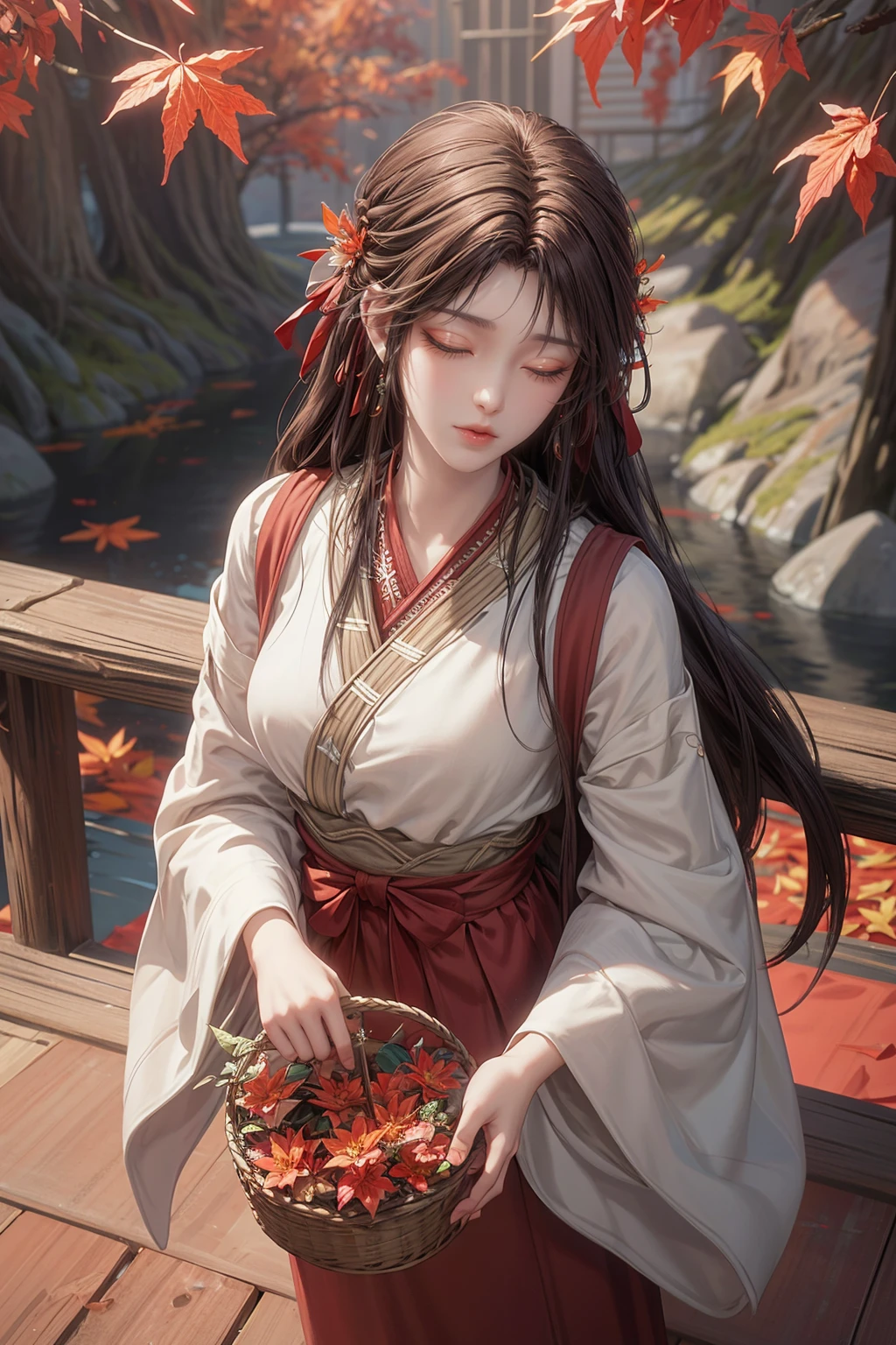 <lora:Huo Ling'er-v3-000001:0.8>,
score_9,score_8_up,score_7_up,beautiful face,beautiful features,<lora:GoodHands-beta2:1>,
solo,masterpiece,highest quality,exquisite details,amazing art,realistic details,pretty face,real skin,8K,RAW,movie lighting,soft light,shallow depth of field,bokeh,dreamy,best quality,intricate detail,
huo ling'er,1girl,basket,solo,long hair,brown hair,from above,closed eyes,leaf,maple leaf,flower basket,autumn leaves,outdoors,holding basket,skirt,standing,hair ornament,autumn,japanese clothes,holding,flower,<lora:add_detail:0.8>,, best quality , masterpiece, illustration, an extremely delicate and beautiful, extremely detailed ,CG,unity,8k wallpaper, Amazing, finely detail, masterpiece, best quality,official art,extremely detailed CG unity 8k wallpaper,absurdres, incredibly absurdres, huge filesize , ultra-detailed, highres, extremely detailed,beautiful detailed girl, extremely detailed eyes and face, beautiful detailed eyes,light on face,