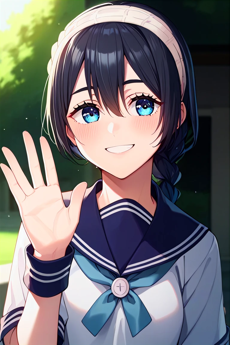score_9, score_8_up, score_7_up, score_6_up, score_5_up, score_4_up, rating_questionable, , source_anime, digital illustration, pixiv, fanbox, uncensored, , BREAK, official art,
1girl, solo, female, amanai riko, black hair, braid, headband, blue eyes, anime screencap,
school uniform, white serafuku, upper body, waving, blush, light smile, outdoors, cowboy shot, looking at viewer, colorful, vivid <lora:Amanai_Riko_Pony2-10:0.8>