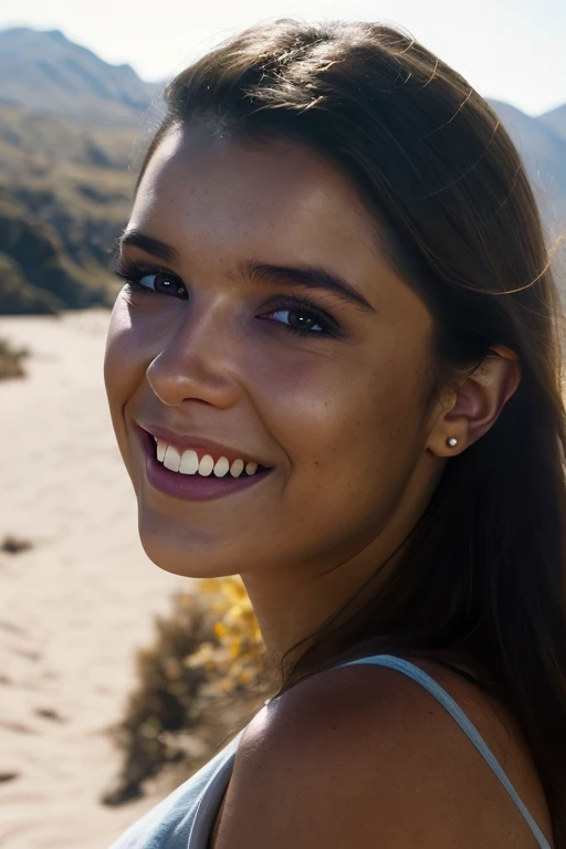 Shy young woman sits after her first facial cumshot, ocean beach