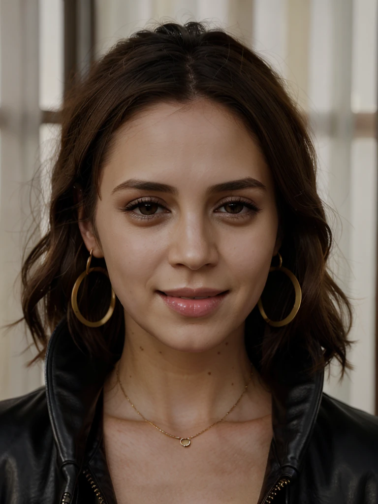 A beautiful 3l1z4d woman,1girl,solo,long hair,looking at viewer,smile,brown hair,shirt,black hair,brown eyes,jewelry,jacket,white shirt,earrings,dark skin,dark-skinned female,black jacket,traditional media,hoop earrings,realistic,leather,leather jacket,soft lighting, professional Photography, Photorealistic, detailed, RAW, analog, sharp focus, 8k, HD, high quality, masterpiece<lora:3l1z4d:1.0>