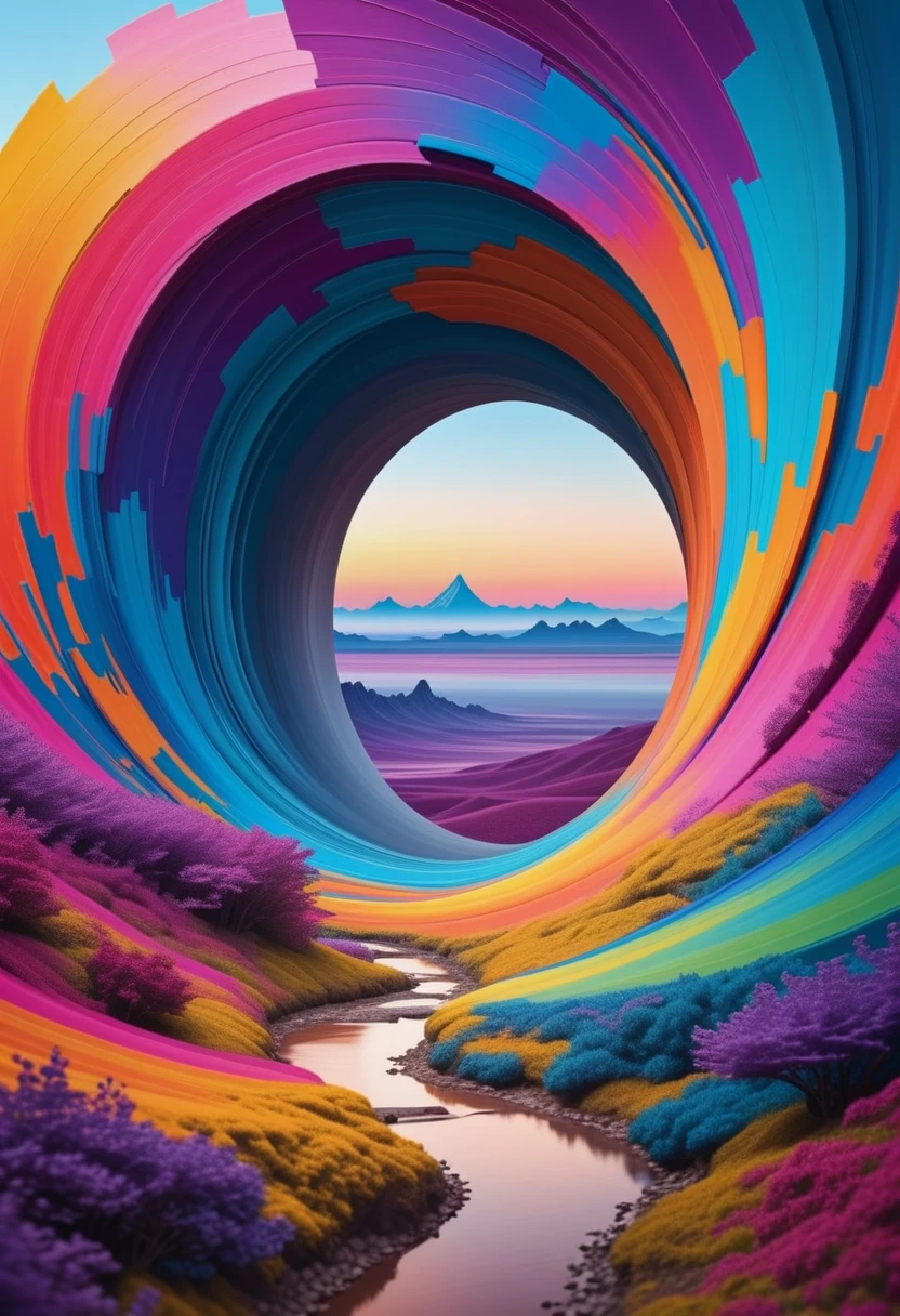 A portal opening into a swirling vortex of colors and otherworldly landscapes.