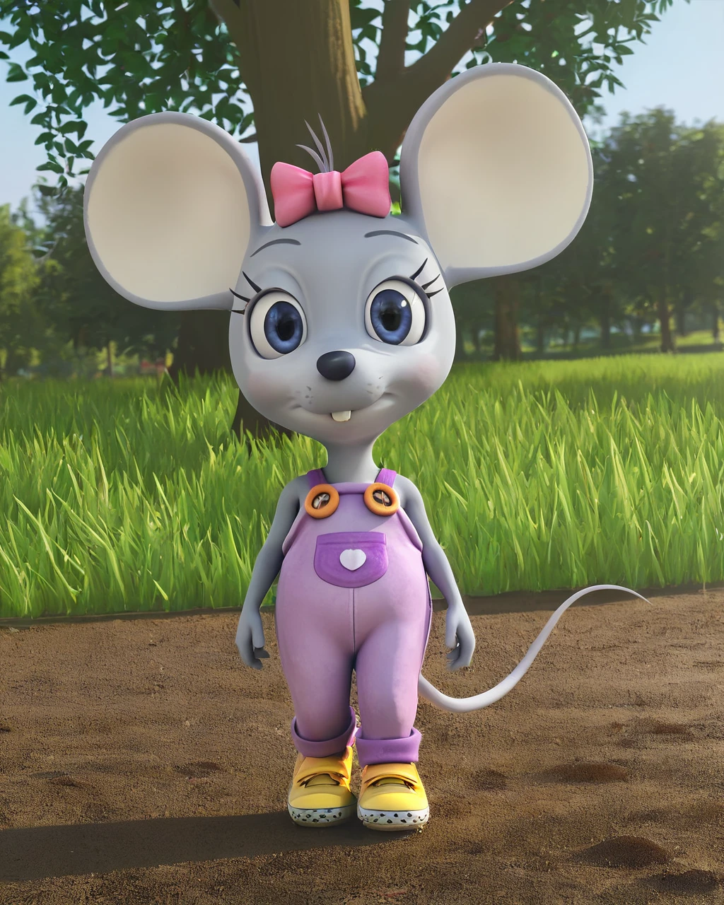 score_9, 3d, <lora:Mia_The_Mouse:0.45>, mia the mouse, female, child, grey fur, blue eyes, big ears, pink bow, hair sprig, purple overalls, orange buttons, yellow sneakers, buck teeth, mouse tail, eyelashes, grass, dirt, tree, looking at viewer