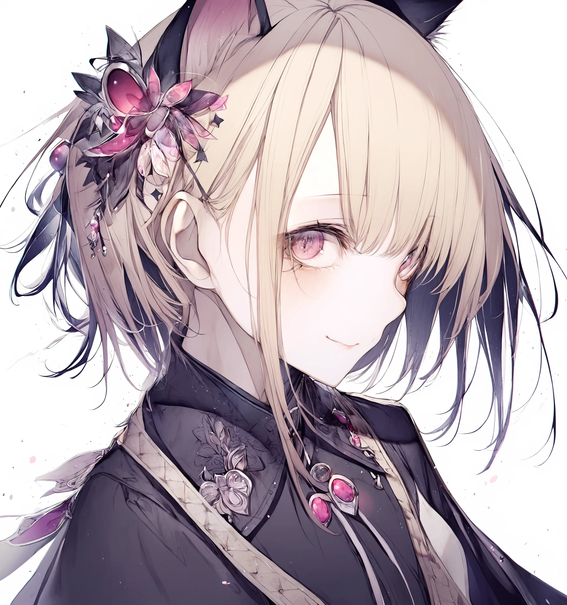 1girl, hito komoru,
cat ears, looking at viewer, smile, hair ornament, blonde hair, white background, pink eyes,reflection eyes,
<lora:a31_style_hito_komoru-000044:1> ,