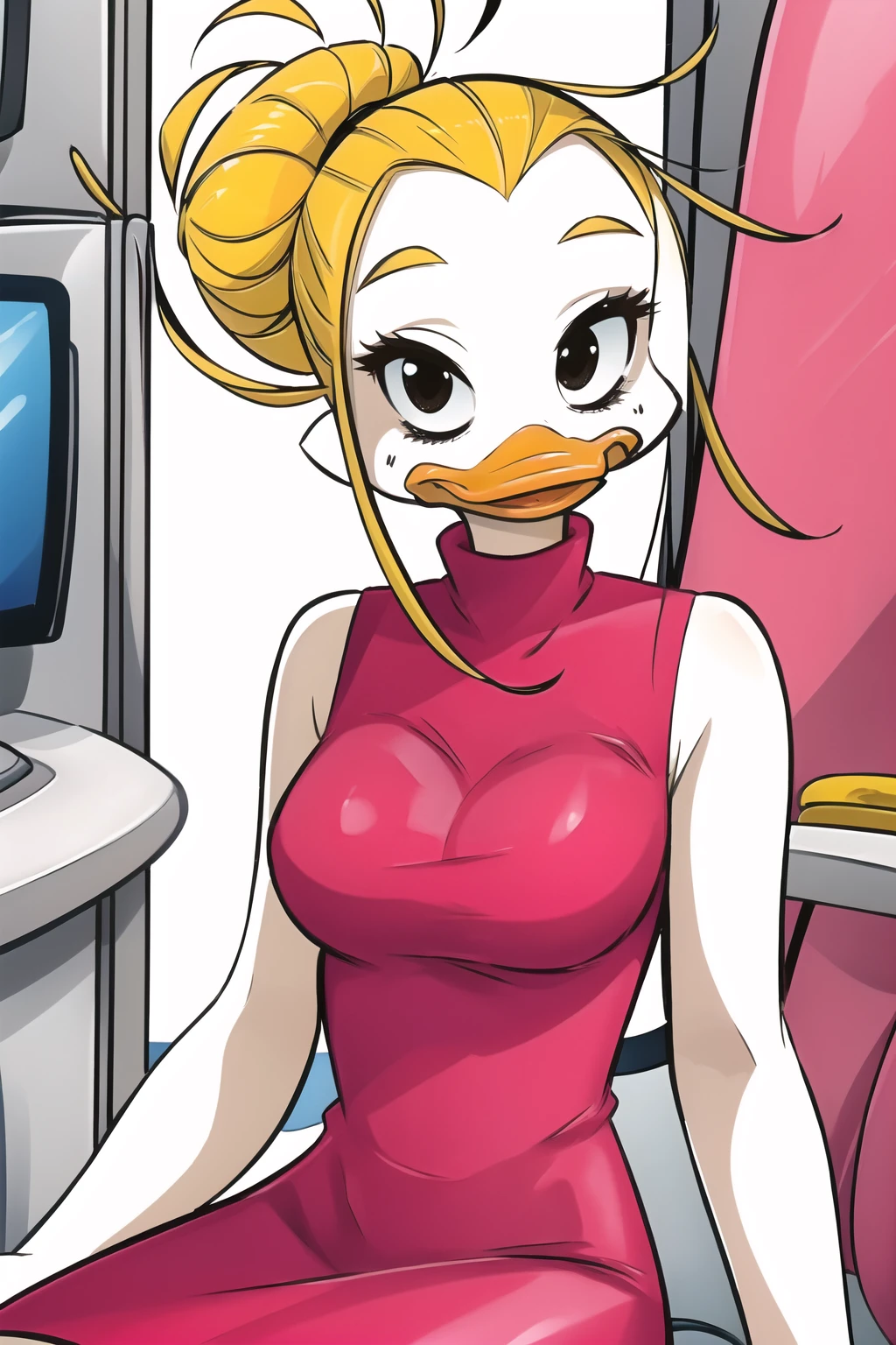 best quality, solo, lyla lay, beak, blonde hair, single hair bun, black eyes, pink dress, sleeveless, turtleneck, looking at viewer, smile, hotel