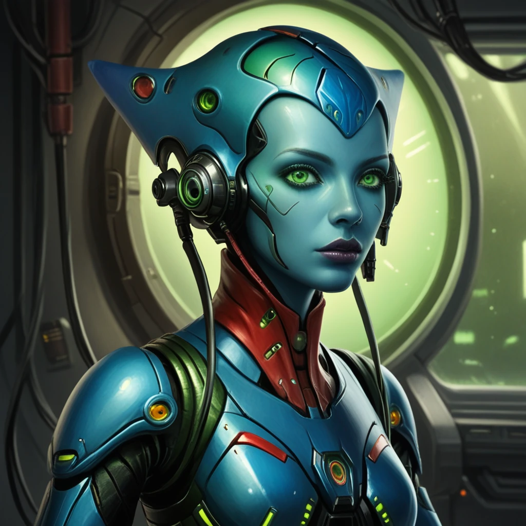 score_9, score_8_up, score_7_up,
stellaris,human,1girl,solo,looking at viewer,green eyes,upper body,armor,lips,colored skin,science fiction,realistic,blue skin,android,cable,alien,cyberpunk
<lora:StellarisPony-000017:0.6>