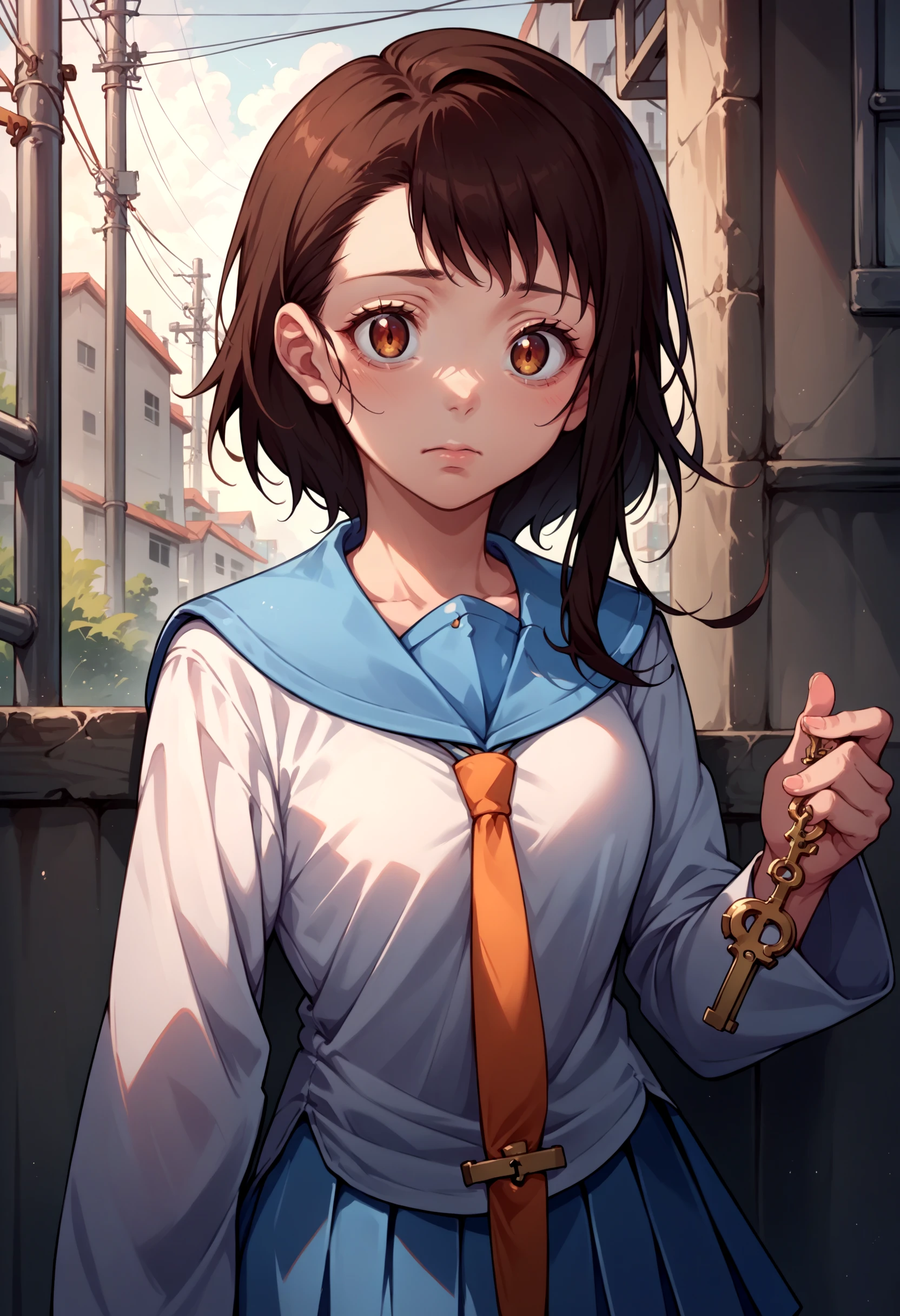 score_9, score_8_up, score_7_up, source_anime, 1girl, solo, OnoderaKosaki, <lora:OnoderaKosaki_XLPD:1>, school uniform, serafuku, blue skirt, pleated skirt, blue sailor collar, white shirt, long sleeves, key, upper body,