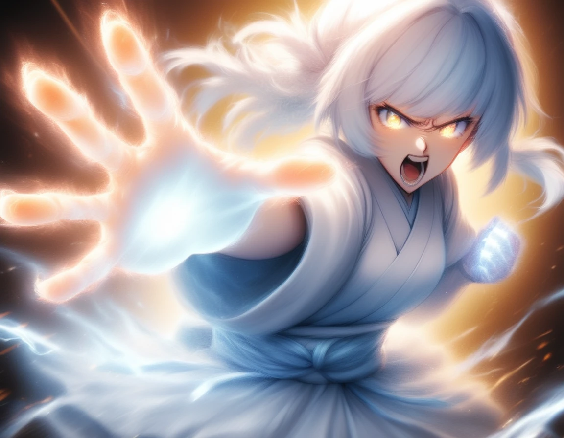 ShiningFinger, beautiful gorgeous furious Shioli Kutsuna, roaring, action pose, shining glowing holy hand