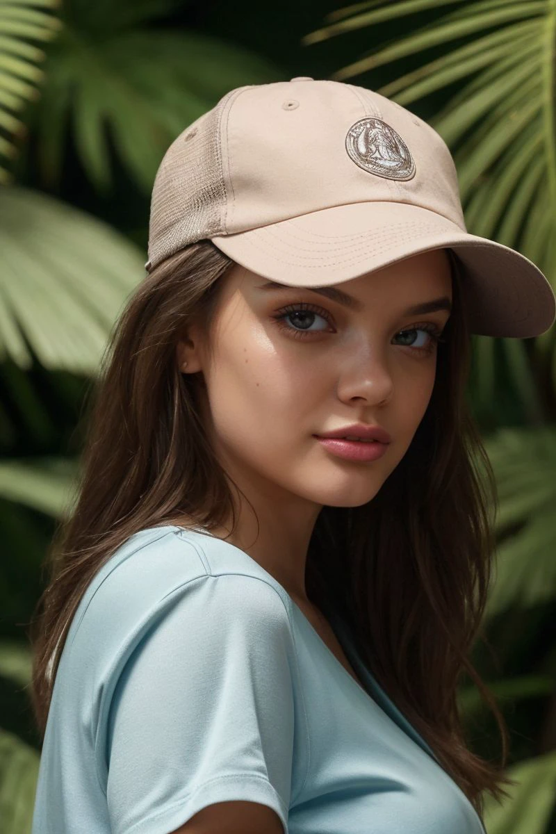 headshot of S362_IndiaGraceHalsell,a gorgeous woman,in a (jungle:1.1),wearing a (shirt:1.1),(hat),(4k, RAW photo, best quality, 35mm, depth of field, ultra high res:1.1),(absurdres, intricate, photorealistic, cinematic-shot, masterpiece, ultra-detailed:1.1),