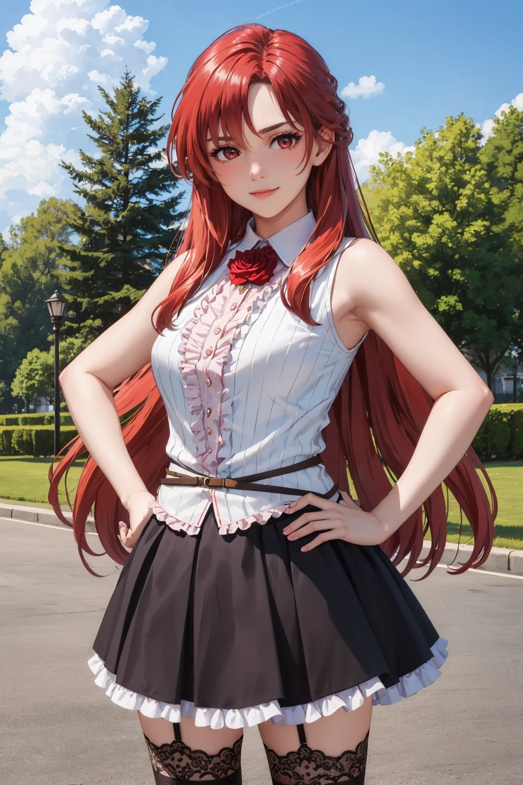 (masterpiece, best quality:1.2), <lora:dakaraboku_restall-10:1>, cowboy shot, solo, 1girl, lisara restall, smile, closed mouth, looking at viewer, hand on hip, white sleeveless shirt, skirt, thighhighs