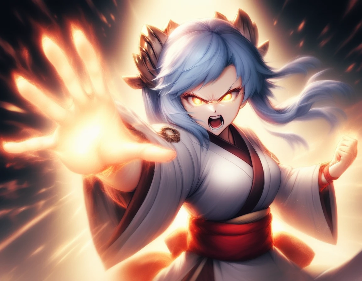 ShiningFinger, beautiful gorgeous furious Kozo Fuyutsuki, roaring, action pose, shining glowing holy hand