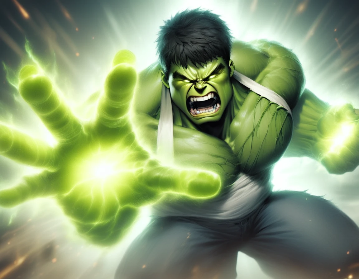ShiningFinger, beautiful gorgeous furious The Hulk, roaring, action pose, shining glowing holy hand