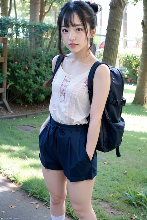 Shirt lift、((Japanese 、Downtown Kyoto、walk、Upper Body、Light blue shirt、mini skirt、Knee-high socks、loafers、Black Backpack、Photograph the whole body))、(Realistic、Photorealistic、Ultra-detailed、Highest Detail Skin、highest quality、masterpiece、超A high resolution)、Cute Japanese Woman、、One Girl、Has bangs、(slim),(Small breasts),(Nipples) ,Subjective heart-grabbing, POV hands, Grab your chest, smile,((I can see your chest)),