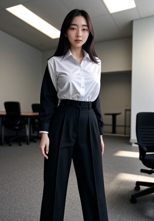 full body shot of business photo of alicemoon,<lora:alicemoon:1>,pants,black attire,big breasts,collared shirt,tucked shirt,. Professional attire, workplace setting, confident. Whole outfit, clear, sharp, balanced