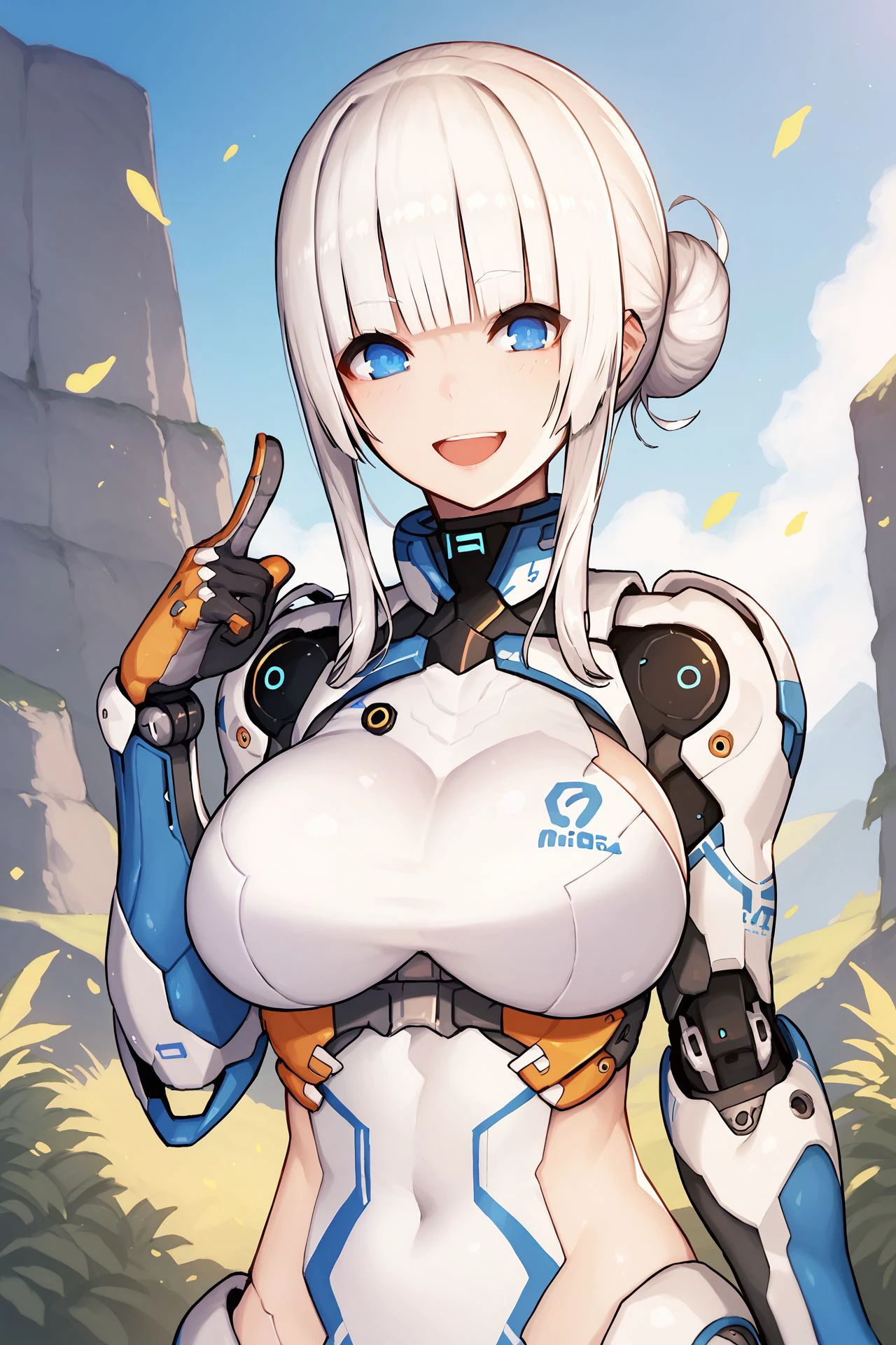 score_9, score_8_up, score_7_up, 1girl, finger gun, happy, white hair, blunt bangs, folded ponytail, blue eyes, large breasts, silver clothes, mechanical parts, bright, outdoors <lora:nidy-2d-_PonyXL_style_v02:1>