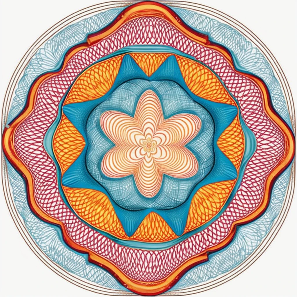 <lora:cx_V0:1>,The design consists of multi-layered geometric shapes that radiate symmetrically from the center,forming intricate patterns. The patterns should feature gradually changing lines,which can be straight,wavy,or spiraled. Please use a harmonious color palette,predominantly cold tones. The entire image should evoke a sense of meditation and relaxation,akin to a finely crafted mandala or a meticulous currency security thread pattern,successive orderly beautifulmeticulous Bessel curve of money,cline,monochrome,