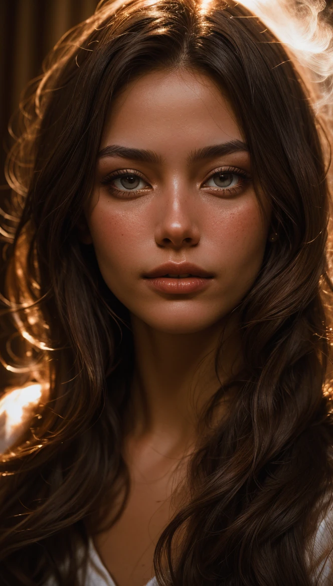 HyperSmoke, award winning portrait photo of an young norwegian woman, fair skin, bokeh, backlit, (brown color in detail:1.1), elegant atmosphere, realistic, intricate details, true skin tone, dark backround <lora:lowkey_v1.1:1>