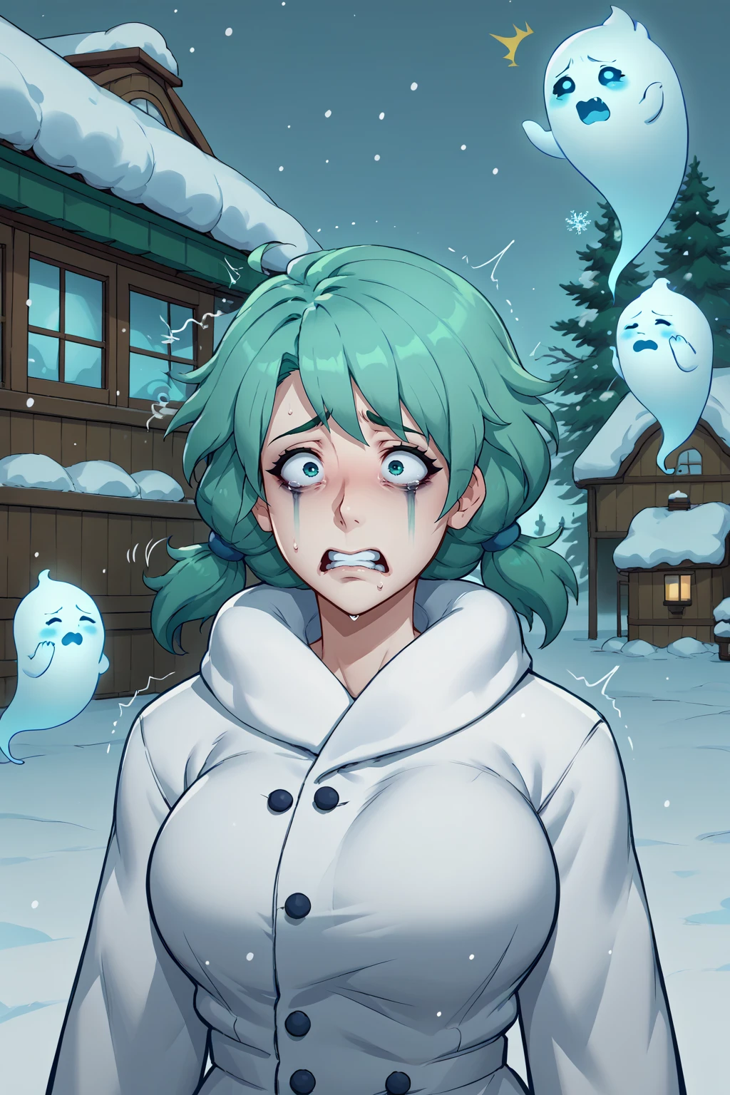 source_anime, score_9, score_8_up, solo, 1girl, <lora:NSCarolineStardew:1> NSCarolineStardew, green hair, low twintails, short hair, mature, white coat, winter, snow, scared, face shadow, shivering, ghost