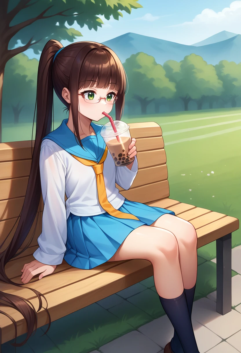 score_9, score_8_up, source_anime, 1girl, RuriMiyamoto, brown hair, bangs, very long hair, ponytail, green eyes, glasses, serafuku, long sleeves, blue sailor collar, yellow necktie, blue skirt, kneehighs, black socks, outdoors, sitting, on bench, drinking, sipping, straw, bubble tea, <lora:ChamRuriMiyamotoPonyXL:1>